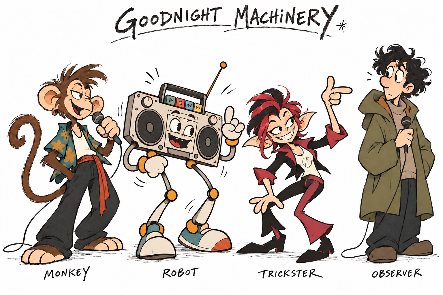Goodnight Machinery: Monkey with a microphone, Robot the boombox, Trickster, and Observer with a microphone. Hand-drawn band artwork.